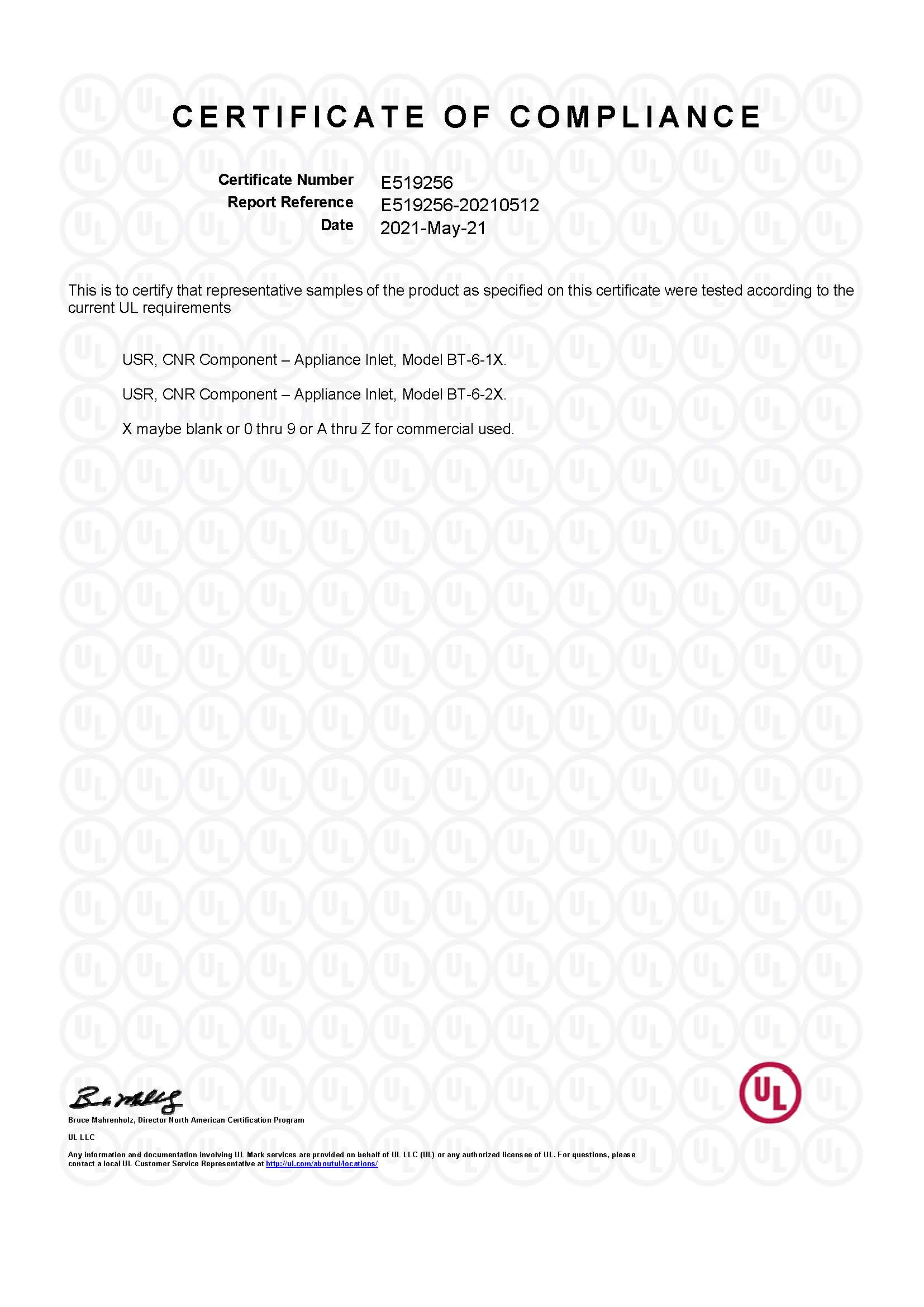 BT-6 係（xì）列 UL證書